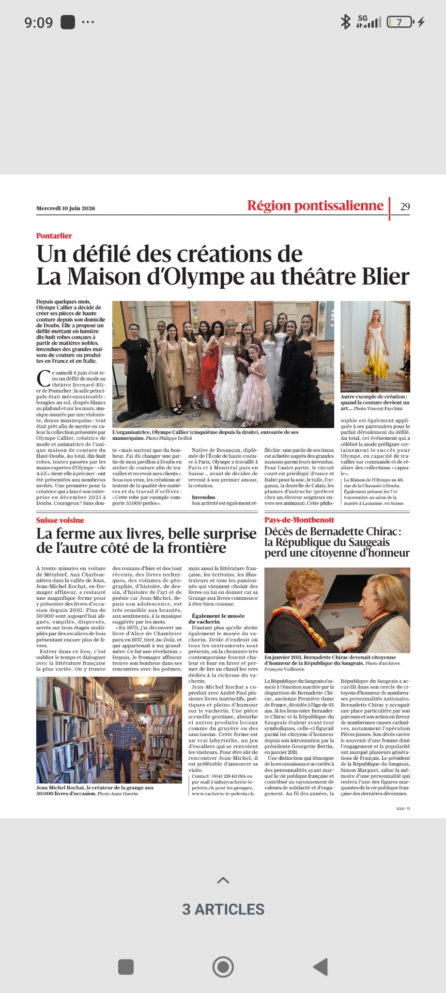 Page de L’Est Républicain du 10 juin 2026 consacrée au défilé de La Maison de l’Olympe au théâtre Blier