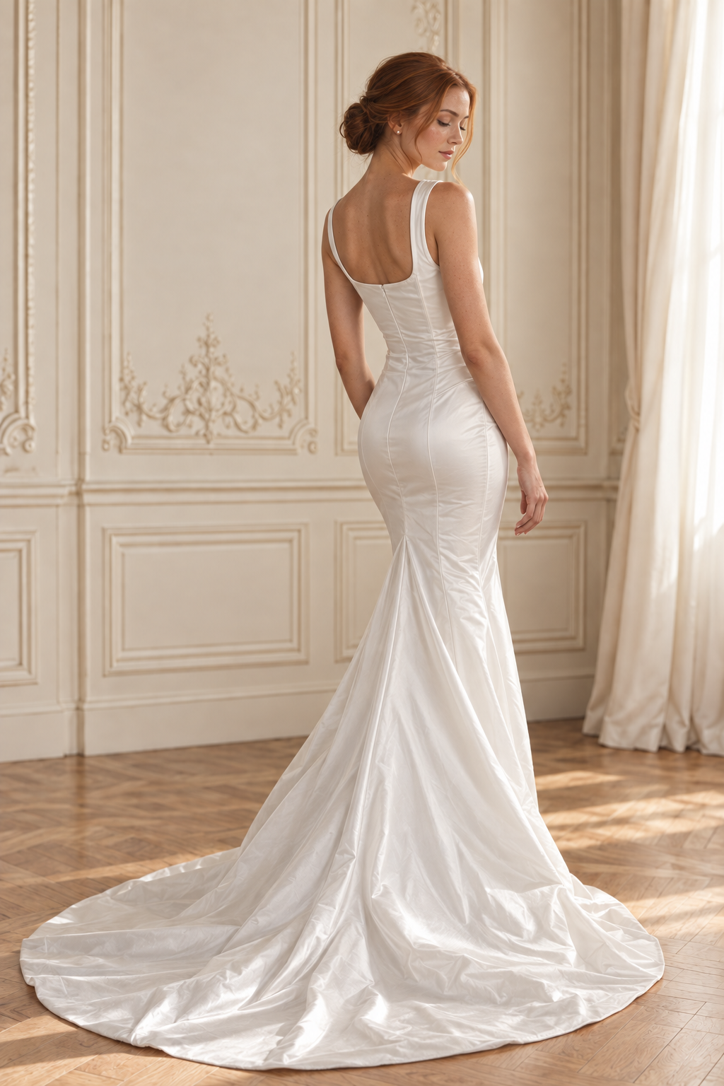 Robe de mariée Blanche en taffetas de soie, vue trois-quarts arrière dans un décor versaillais