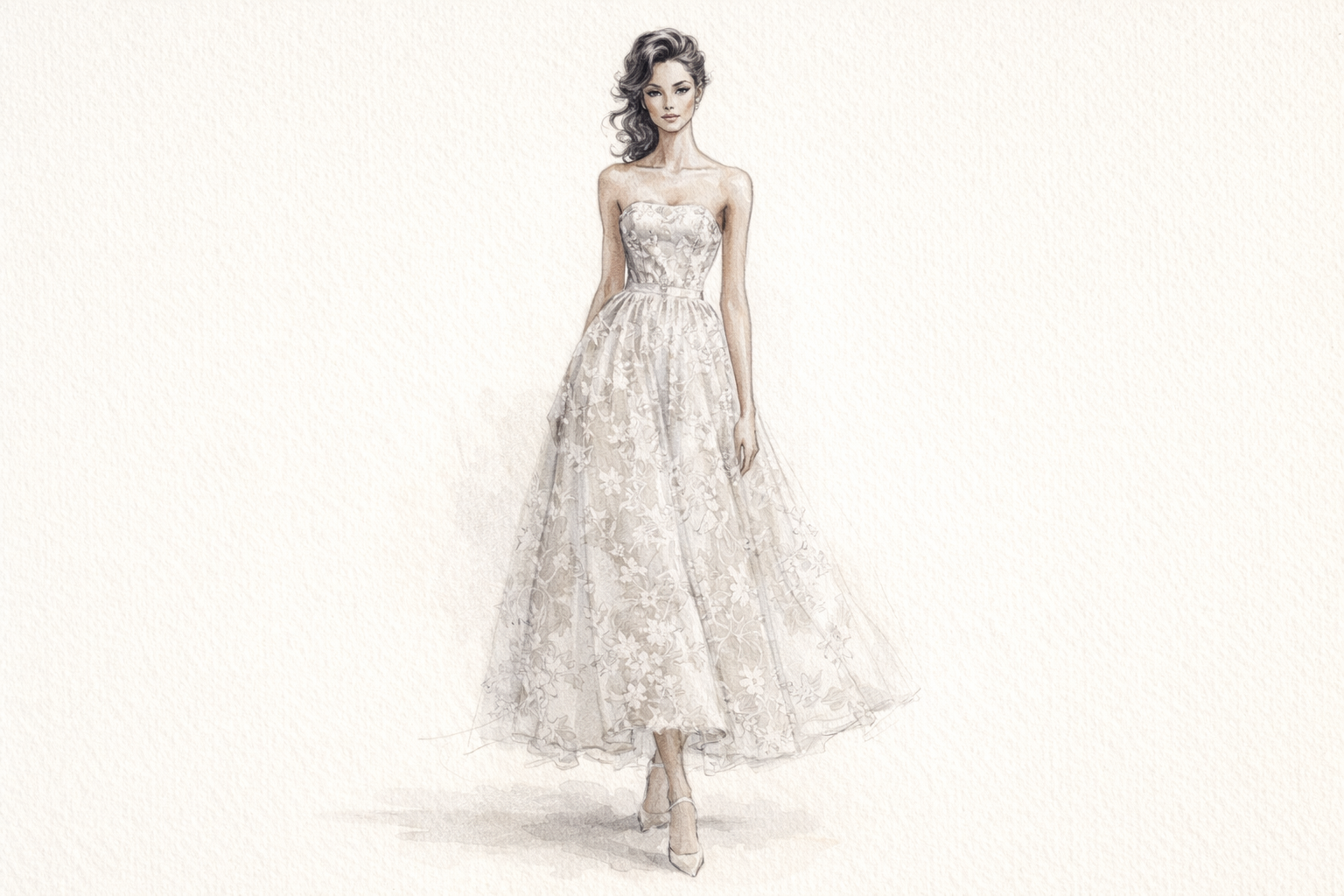 Croquis d’une robe de mariée ivoire brodée de fleurs