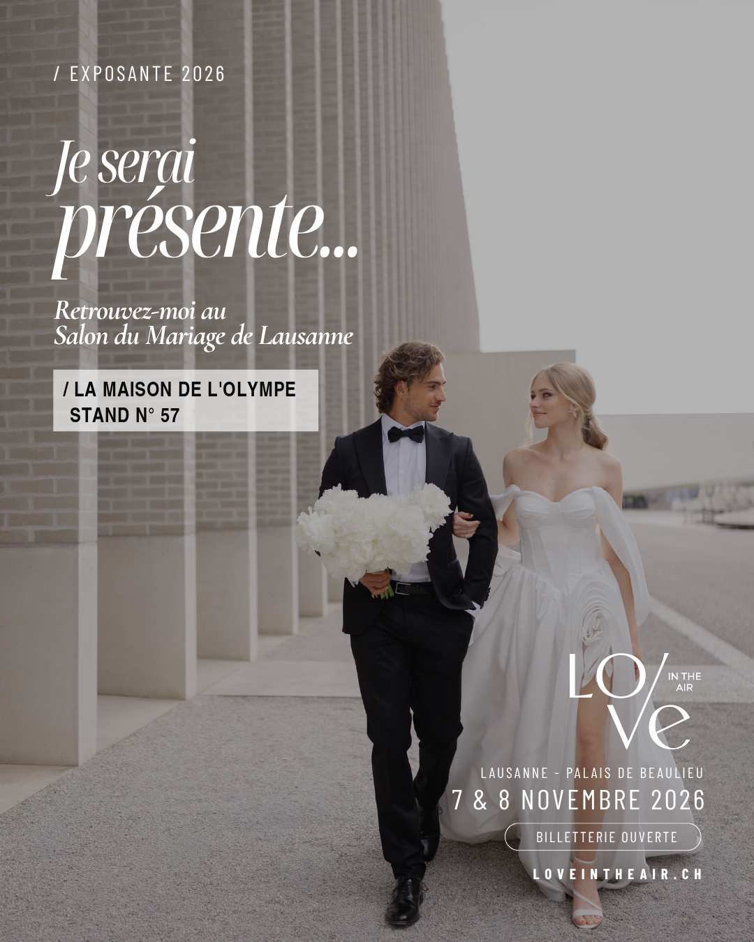 Affiche de La Maison de l’Olympe, exposante au Salon du Mariage de Lausanne les 7 et 8 novembre 2026, stand numéro 57